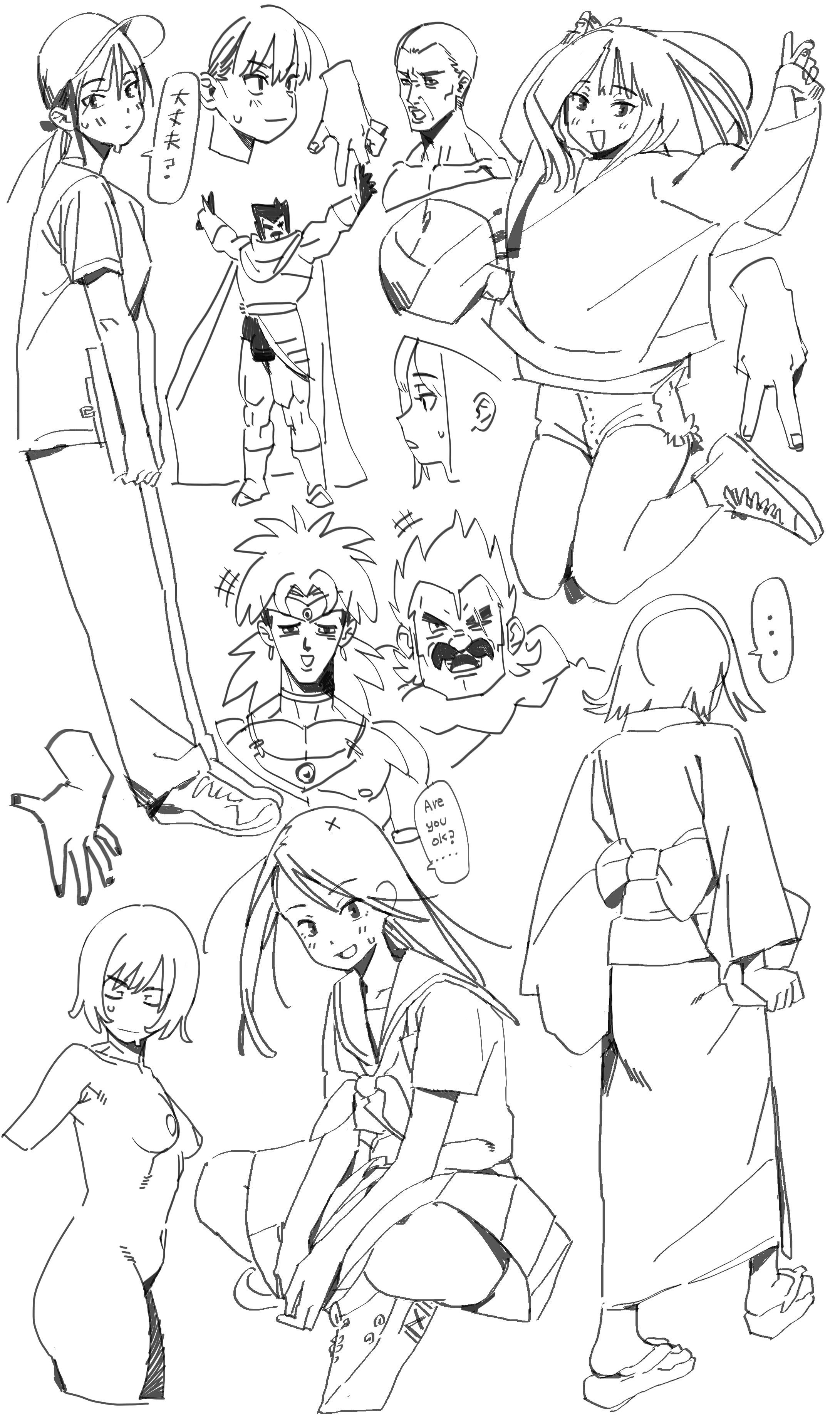 the image is a black and white sketch featuring various anime and mangastyle characters in different poses. there is a girl wearing a baseball cap and tshirt, another in a school uniform squatting, a character in a kimono, a muscular figure, a superhero, broly and vegeta from dragon ball, a jumping girl in a hoodie, and a partial portrait and body illustration. the artwork is a collection of character studies and poses.