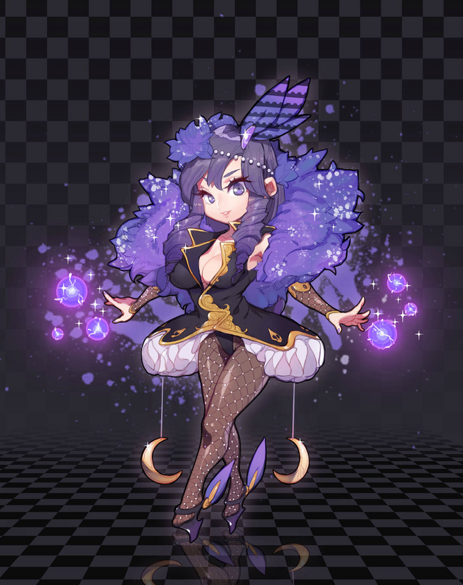 the illustration features a young woman, possibly a magical girl, with purple hair and eyes, dressed in an elaborate outfit primarily black and white with purple accents. she is adorned with purple flowerlike accessories that seem to glow with a mystical light. her costume incorporates crescent moon motifs on her shoes and a feather on her head. she stands confidently on a transparent, reflective surface, suggesting a stage setting. the background features a dark checkered pattern, further emphasizing the spotlight on the character. soft lighting accentuates her features and adds to the magical atmosphere of the piece.