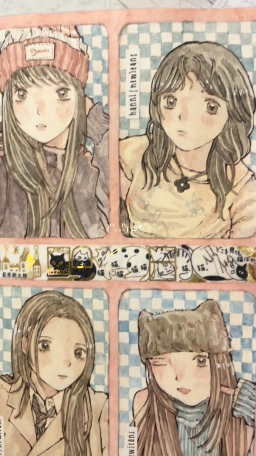 the image is a collage of four anime girls. each girl is depicted in a different pose and wearing different clothing. the girls are all drawn in a cute and pretty style, with large eyes and delicate features. the background of the image is a checkered pattern in pink, blue, and white. the image is drawn in a watercolor style, with pastel colors. the girls' clothing and the overall look are very similar to styles seen in japanese manga and anime.