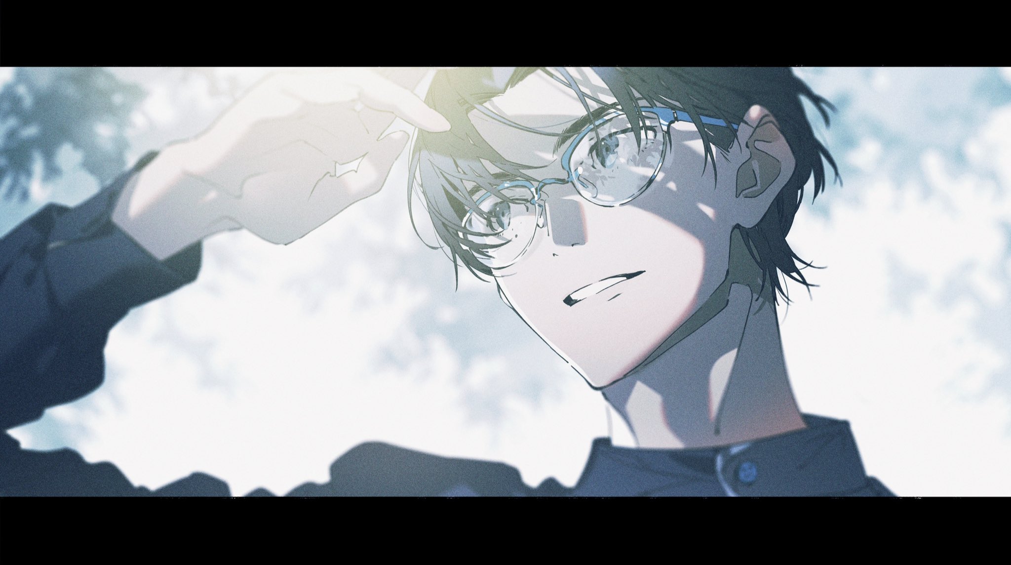 a digital illustration featuring a young man with short black hair and glasses. he is wearing a dark blue shirt and is backlit by sunlight, creating a soft and dreamy atmosphere. the focus is on his face as he looks upwards, with a slight smile on his lips. the background is blurred, suggesting an outdoor setting with a bright sky and possibly trees. the overall color palette is muted with cool tones, emphasizing the blue of his glasses and the white light behind him.