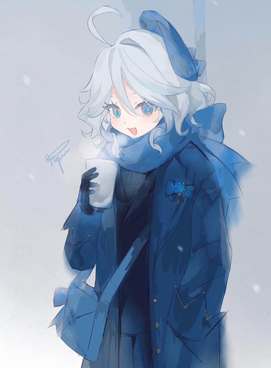 this is a digital drawing of an anime girl. she has white hair and is wearing a blue coat, scarf, and hat. she is smiling and holding a cup of hot drink, as if she is enjoying the cold winter weather.  there is snow falling around her and she looks very cozy and warm.