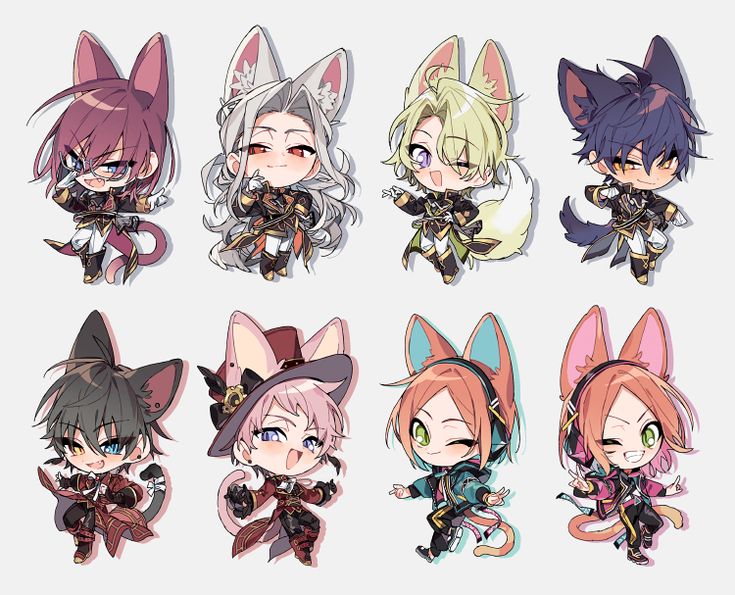 his image contains eight illustrations of chibistyle anime boy characters. each character has cat ears and a unique outfit and design.  they are presented in a gridlike formation against a plain white background. the style is highly stylized and cute, with exaggerated features common in anime and manga. the artwork is likely fanart or promotional material for a game or anime.