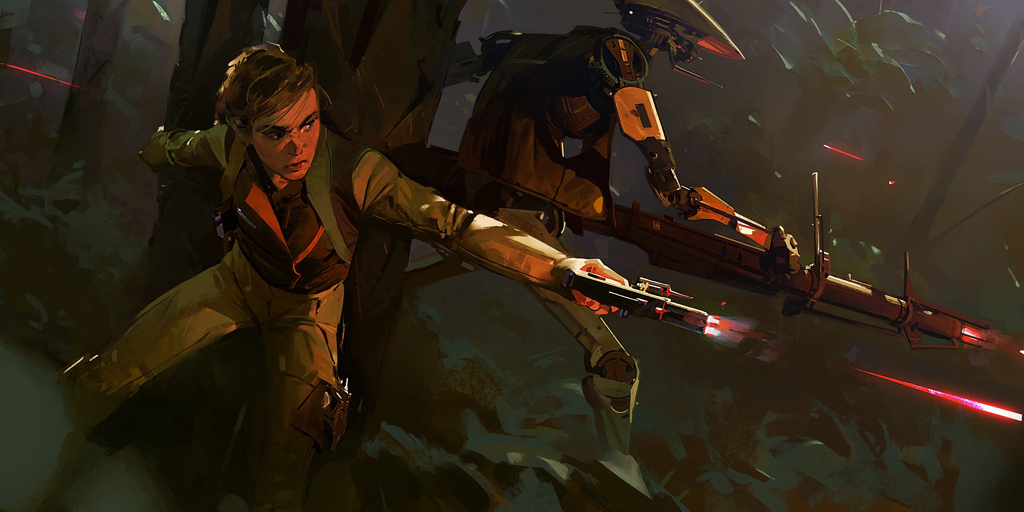 a female character, possibly from star wars, is running and firing her blaster at a robot in a shadowy forest. the robot is also firing its weapon, creating a fiery energy beam. the scene is filled with action and a sense of urgency.