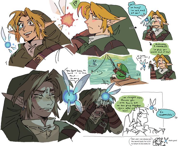 this is a collection of fanart sketches depicting various interactions and emotions of the character link from the legend of zelda series.  the style is reminiscent of manga or anime, with expressive characters and dynamic poses. multiple panels show different scenes, including link apologizing, crying, fishing, and interacting with a fairylike creature.  the dialogue bubbles reveal emotional conversations between different versions of link or possibly between link and another character (potentially saria, referenced in the text). the overall tone is lighthearted and emotional, conveying a story through a series of expressive drawings.