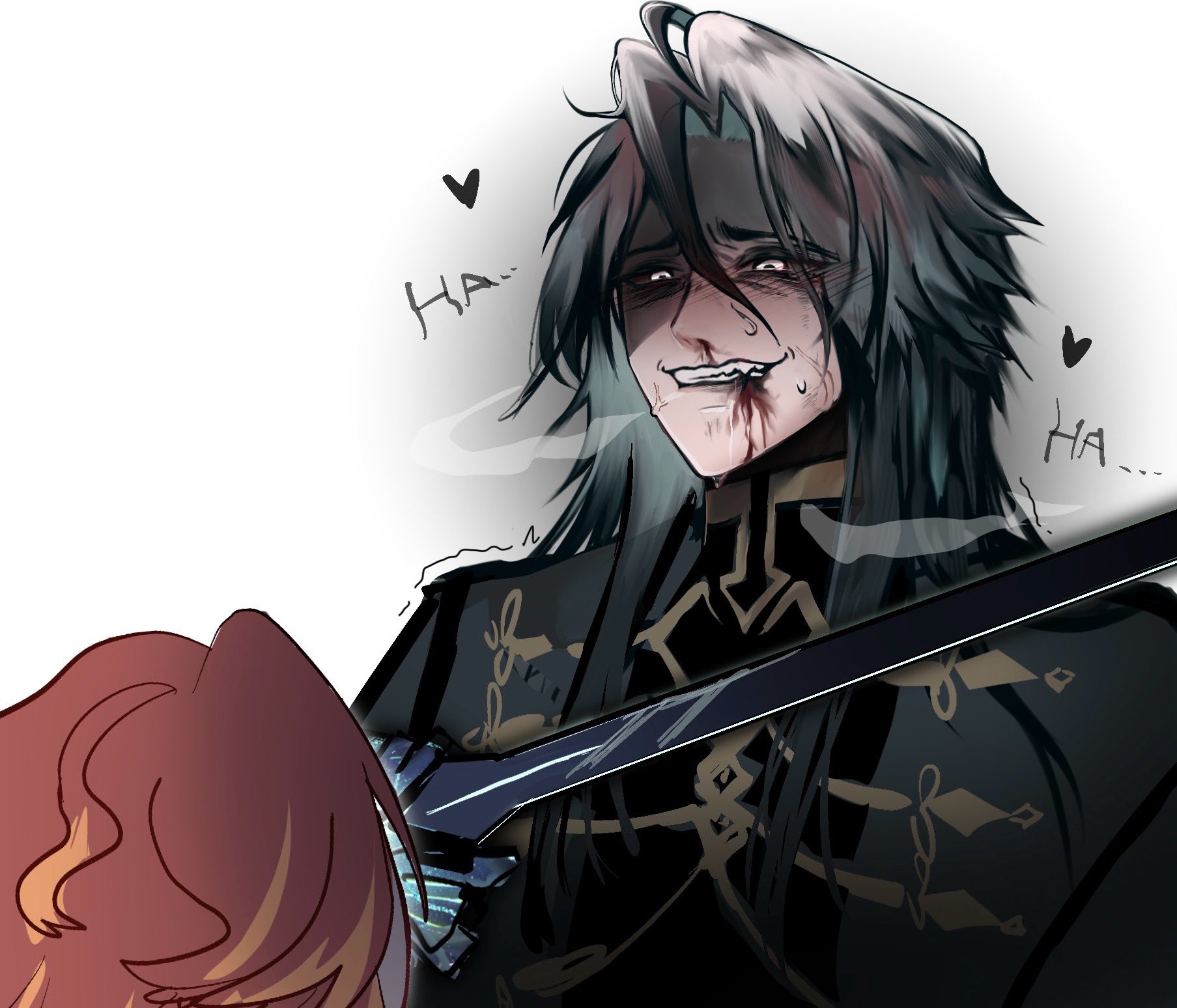 the image is a digital illustration of an animestyle scene. a man with long silver hair and a bloody wound on his cheek is laughing hysterically, holding a sword pointed toward the viewer. he is dressed in a black jacket with gold accents and the background is white. a woman with long reddishbrown hair is visible in the bottom left corner of the image.