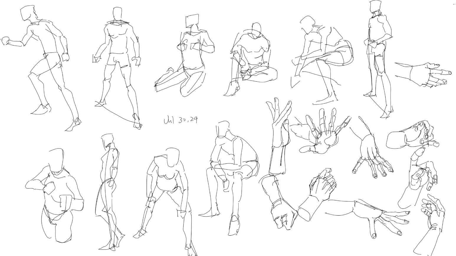 the image showcases a series of quick sketches focusing on human figures, specifically men, in various poses and gestures. the drawings are done in a loose, flowing style with a single line, capturing the essence of movement and form.  there are also several studies of hands and arms from different angles. the date "jul 329" is written on the page, likely indicating the time period these sketches were done.