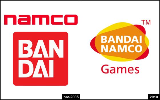 the image shows a comparison of the bandai namco logo before and after 2005. on the left side, the logo from pre2005, shows the word "namco" in red at the top and "bandai" in a red square below it. on the right side, the logo from 2010 shows a yellow circle with "bandai namco" written in red, and a red circle around it. the word "games" is written below the logo in red. the background is white and the logo is red and yellow.