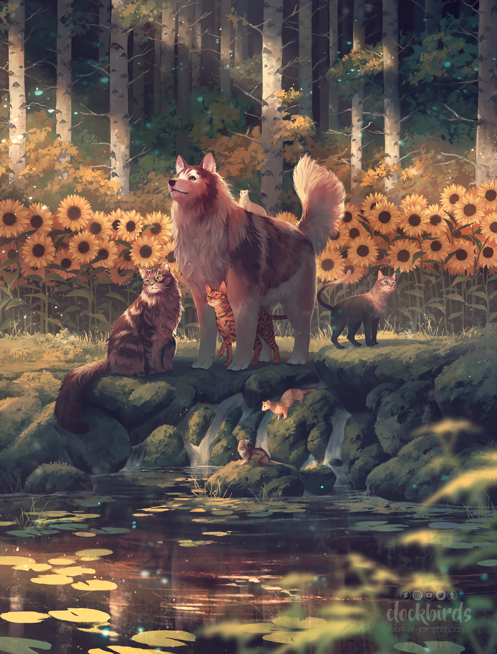 the image shows a dog and four cats near a pond in a forest. the dog is a brown and white husky or malamute mix, and it is standing in the center of the image, facing to the left. the cats are a mix of tabby, calico, and black and white. one cat is sitting on a rock to the left of the dog, one is standing behind the dog, one is walking to the right of the dog, and one is perched on a rock in the pond. the pond is in the foreground of the image, and it is surrounded by rocks and lily pads. there is a small waterfall flowing into the pond on the left side. the background of the image is a forest of tall trees with sunflowers in the middle ground. the sun is shining through the trees, creating a warm and inviting atmosphere.