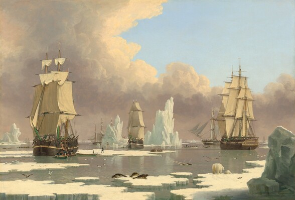 a 19thcentury maritime painting depicts a fleet of sailing ships navigating through a frozen arctic landscape filled with icebergs and floating ice floes. seals rest on the ice, birds fly overhead, and a polar bear stands near the edge of the water. the sky is filled with dramatic, billowing clouds.