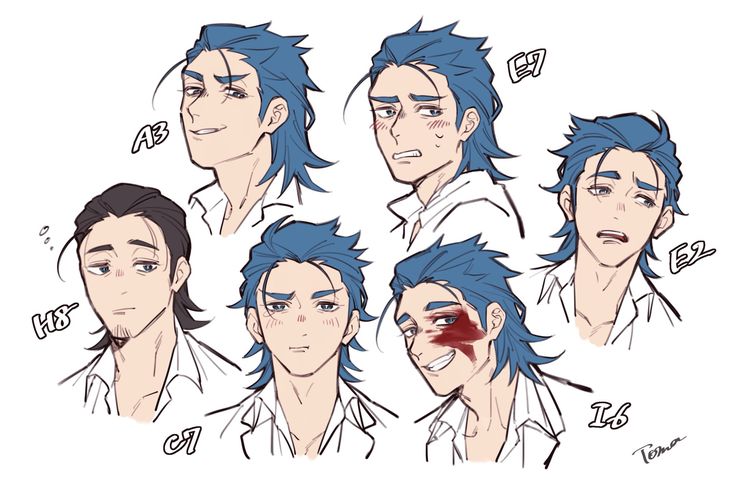he image contains multiple sketches of a male anime character with blue hair.  each sketch showcases a different facial expression, ranging from calm and serene to pained and wounded. the sketches appear to be character design studies, possibly for a manga or anime project. the style is relatively loose and expressive, with a focus on conveying emotion through subtle variations in the character's face. each sketch is labeled with a seemingly arbitrary alphanumeric code. the artist's signature is visible in the bottom right corner.