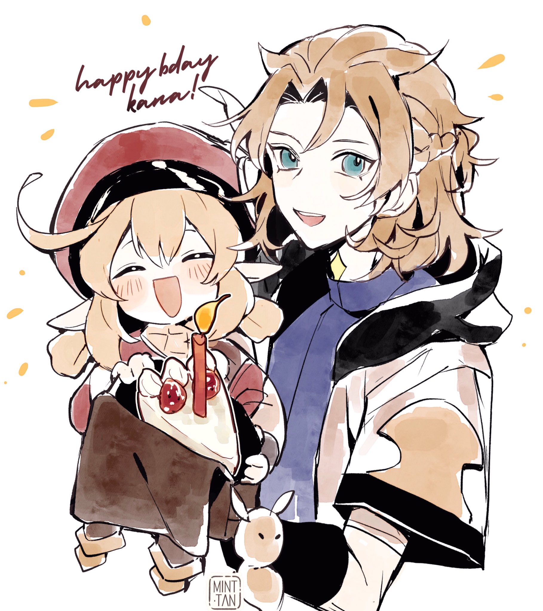 the image is a digital illustration of two anime characters. the character on the left is a young girl with long, blonde hair, a red and brown hat, and a white shirt. she is holding a piece of cake with a lit candle on top. she has a large smile on her face. the character on the right is a young man with long, brown hair and a white shirt. he is smiling, looking at the girl. there is a little bunny to the right of the girl, below her waist. the background is white and the image has a watercolor effect to it. the text at the top of the image reads "happy birthday kana!".