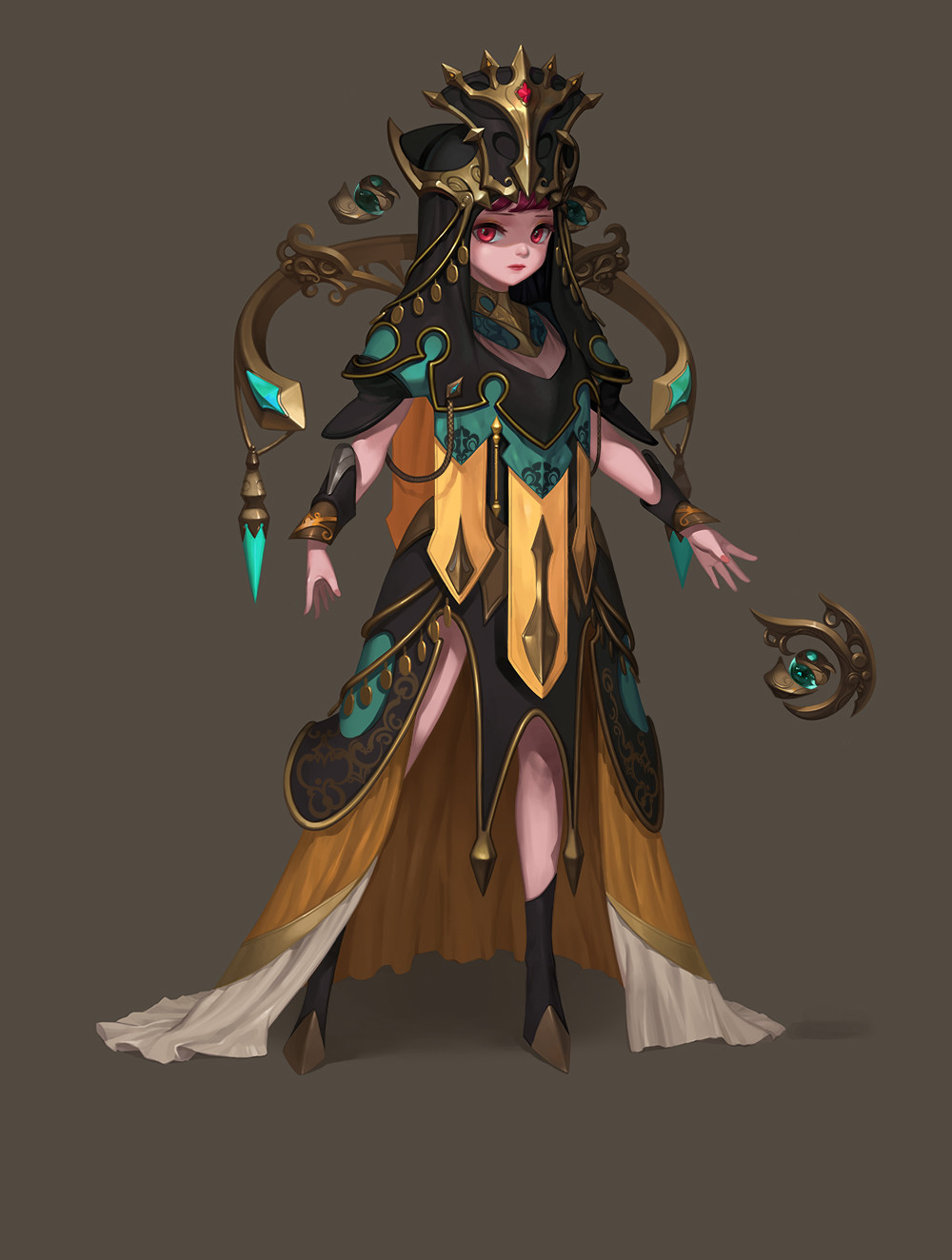 a full body illustration of a female anime character dressed in a colorful robe with a crown on her head. she is holding a magic staff with a jewel at the end of it.