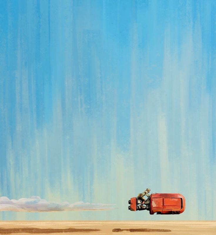 the image shows a small, red car driving to the right on a flat, desert landscape. the sky above is a vast blue, taking up most of the image.  a single, small figure can be seen leaning out of the car.  the overall impression is one of solitude, vastness, and journey.