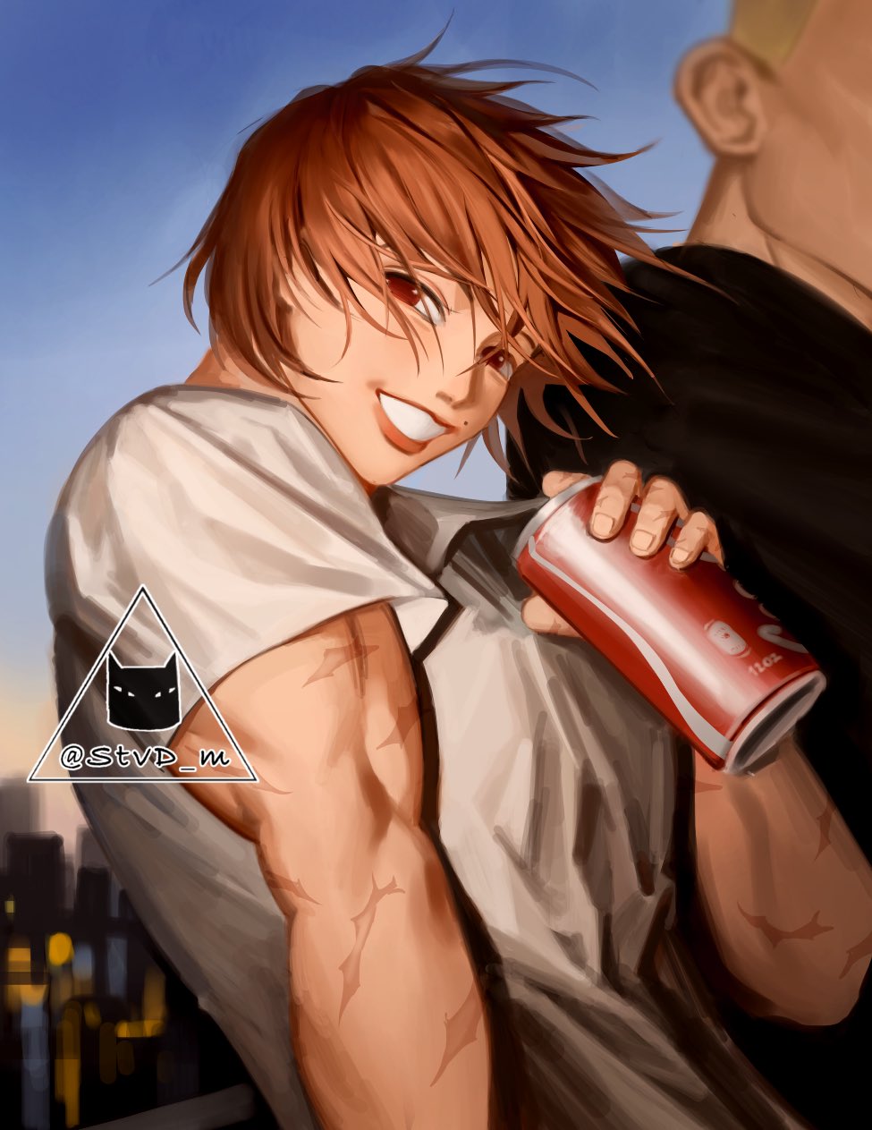 this is a digital illustration of two young men standing on a city rooftop. the man in the foreground has red hair and is smiling, with a can of soda in his hand. he has some scars on his arm, and the illustration has an anime/manga style. the friend behind him is only partially visible, but you can tell he has short blonde hair. both are dressed in casual clothes.