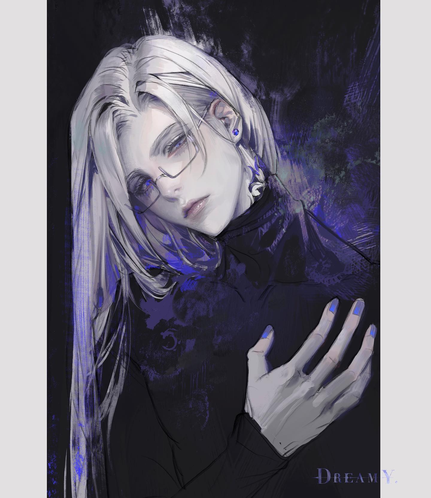 a portrait of a young anime girl with long white hair wearing black clothing and glasses. she has blue nail polish and blue eyes. the background is dark with a lot of blue tones. the image is a digital illustration with a dreamy aesthetic. the text "dreamy." is placed in the bottom right corner of the image.
