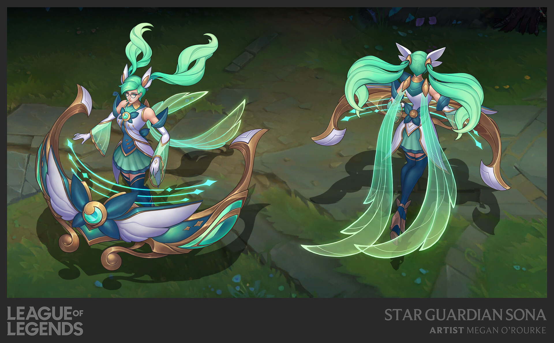 this is a digital illustration of the league of legends character sona in her star guardian skin. she is shown in a front and back view. she is dressed in a white and green outfit, her hair is tied back in two long pigtails and her eyes are sparkling with light. the background is made up of a green leafy forest.