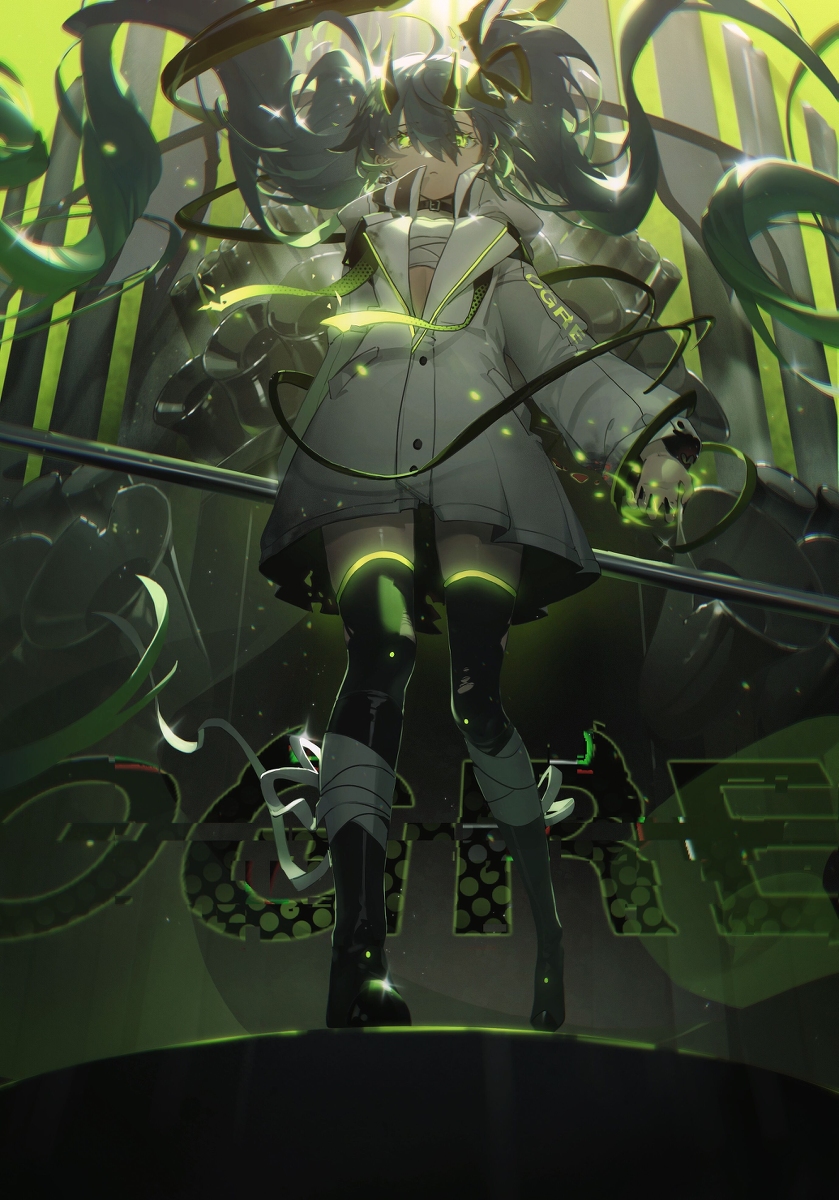 an anime girl with green hair stands on a stage. she is wearing a short white coat, a black choker, and shiny black thigh high boots. she has neon green accents around her thighs. there are black ribbons floating around her. the background has futuristic elements and a strong green lighting scheme. the perspective is from below, looking up at the character. the artwork is digital.