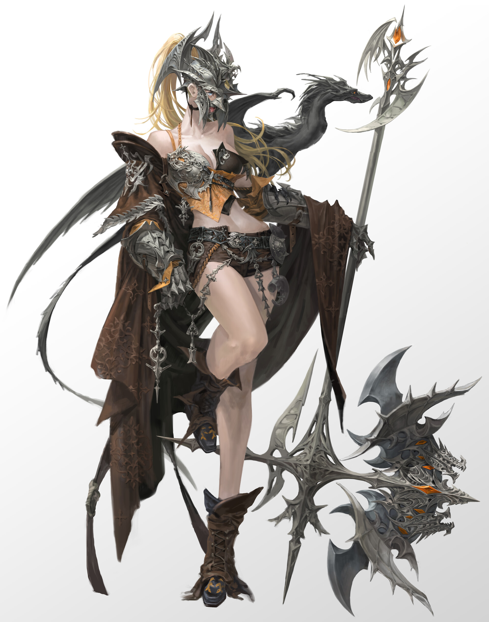 a female warrior, clad in ornate, dragonthemed armor, stands poised against a white background.  her attire consists of a brown leather top and bottom, accented with metal plating sculpted to resemble dragon scales and claws.  a dark, flowing cape hangs from her shoulders, complementing the intimidating helmet that conceals her face.  in her right hand, she grips a long, menacing staff adorned with a fearsome dragon head at its apex.  a similar weapon, characterized by a brutal axelike head with three dragon heads, rests on the ground beside her.  the overall aesthetic is one of dark fantasy, with meticulous attention to detail in both the character design and the weaponry.
