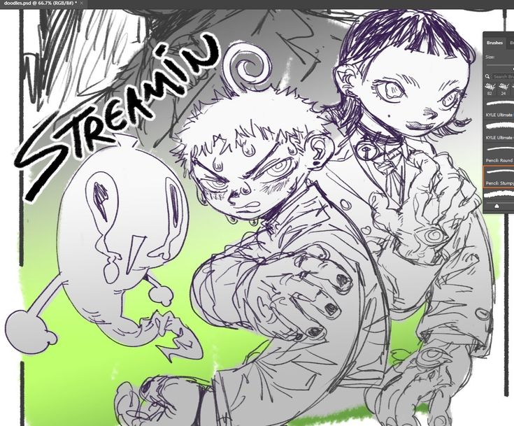 this is a digital drawing of two anime characters. the character on the left is a boy with short, spiky hair and a serious expression. he has a large hand drawn in a prominent position as if punching or grasping something. the girl on the right has long, dark hair and is wearing a jacket. she has a more surprised expression than the boy. the drawing has a bright green background with the word "streamin" in a handwritten style. it appears the artist is using the drawing software "adobe photoshop"  based on the "brushes" menu and other elements shown in the image.