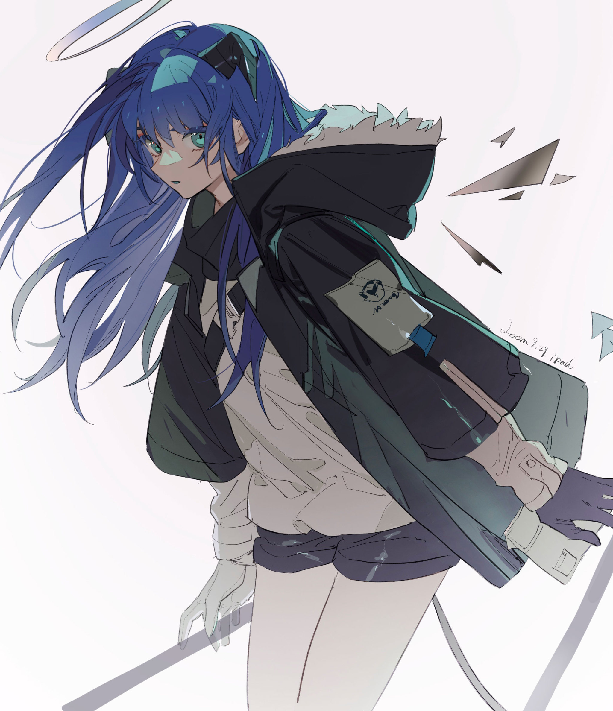 an animestyle illustration features a female character with long, flowing blue hair and light skin. she is depicted wearing a jacket over a hoodie, along with gloves and shorts. a halo is visible above her head.