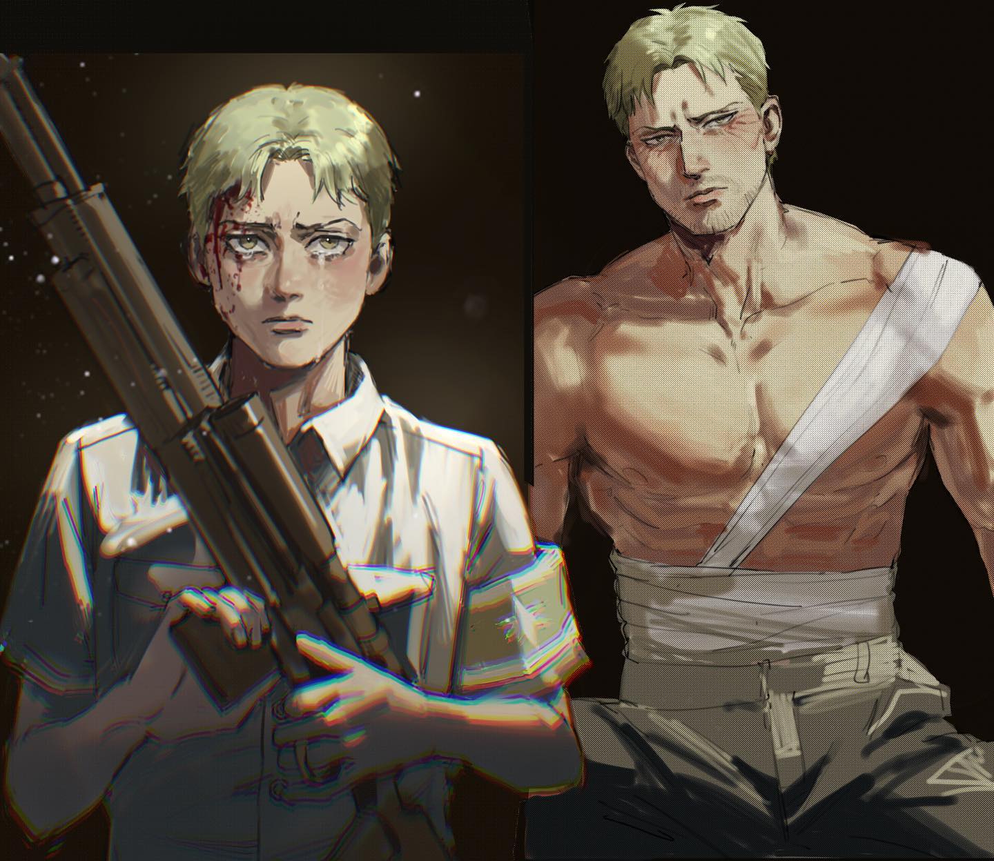 the image shows two different versions of a male anime character. the first version is a younger, more innocent looking character with a sad expression, holding a rifle. he has a bandage on his head, and his eyes are red and puffy. the second version of the character is older, more rugged, and more hardened. he is wearing a bandage around his torso, and he has a determined expression on his face. the two versions of the character represent the character's transformation from a young, innocent boy to a seasoned soldier.