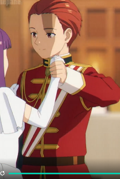 a young man with red hair wearing a red formal uniform with gold embellishments and white gloves, is holding the hand of another person who is out of frame. the setting appears to be a ballroom with bright lighting. the image is a screenshot from an anime.