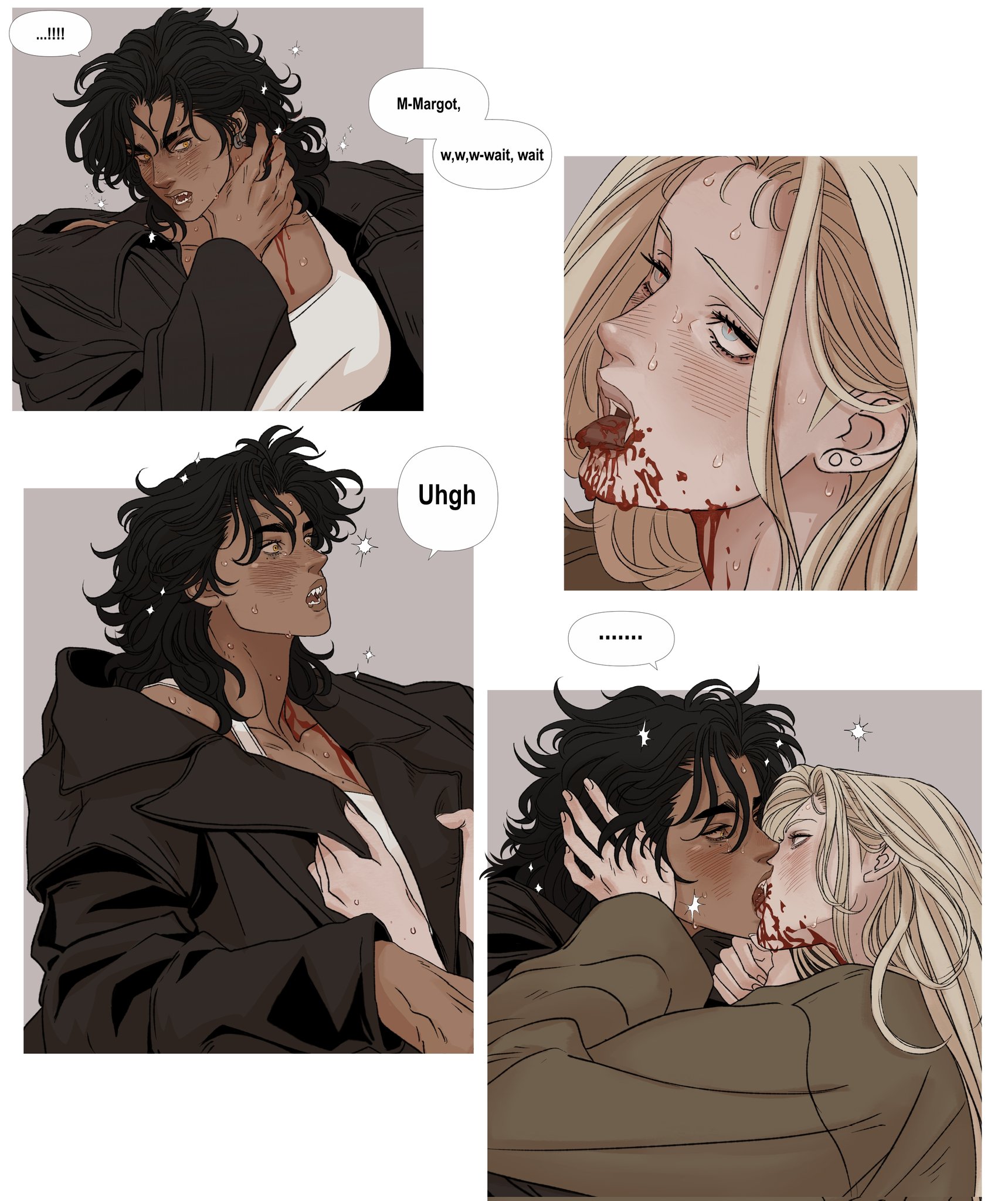 the image is a comic style panel showing a man and a woman in a vampire scenario. the woman, with blonde hair, is biting the man's neck and drinking his blood in two of the panels. the man has dark hair, and appears to be struggling and saying "mmargot, w,w,w, wait, wait" in one panel and "ugh" in another. the last panel shows them kissing. both have blood on their mouths.