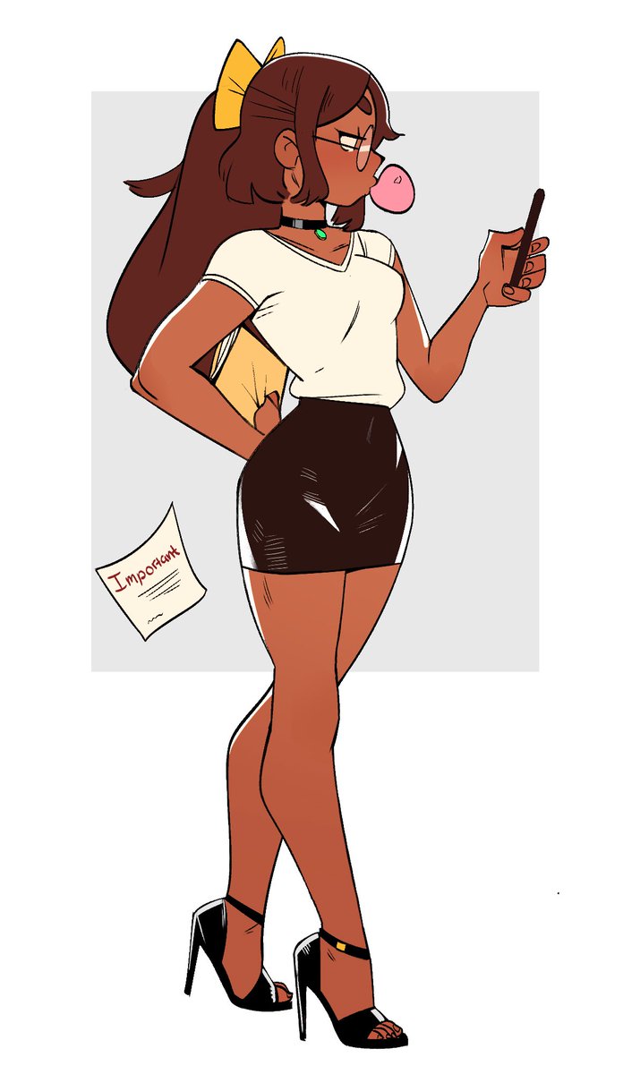 a cartoon illustration of a young woman with brown hair and a yellow bow in her hair. she is wearing a white shirt, a black skirt, and black heels. she is holding a phone in her hand and has a bubble of gum in her mouth. she is smiling and looking at the phone.