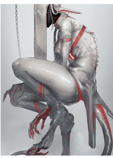 a creature in a white and gray futuristic armor or suit with red highlights is sitting in a crouched position. it has a long beaklike structure on its head, a tail, and clawed feet. a chain hangs in the background.