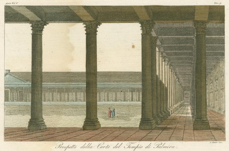 the image is a historical engraving depicting a perspective view of the courtyard of the temple of palmyra. it showcases a colonnade with numerous columns extending into the distance, creating a sense of depth. two small figures are present in the courtyard, giving a sense of scale. the architecture is classical in style, with detailed column capitals and a covered walkway overhead. the image is likely an illustration from a historical document or book.