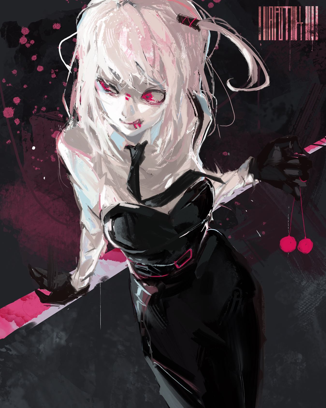 a digital illustration of a young woman with pink hair. her bangs cover her forehead and part of her eyes. she is wearing a black and white outfit with a large black collar around her neck. she has blood on her cheek and is holding a red cherry in her hand. the background is black and white with splatter designs.