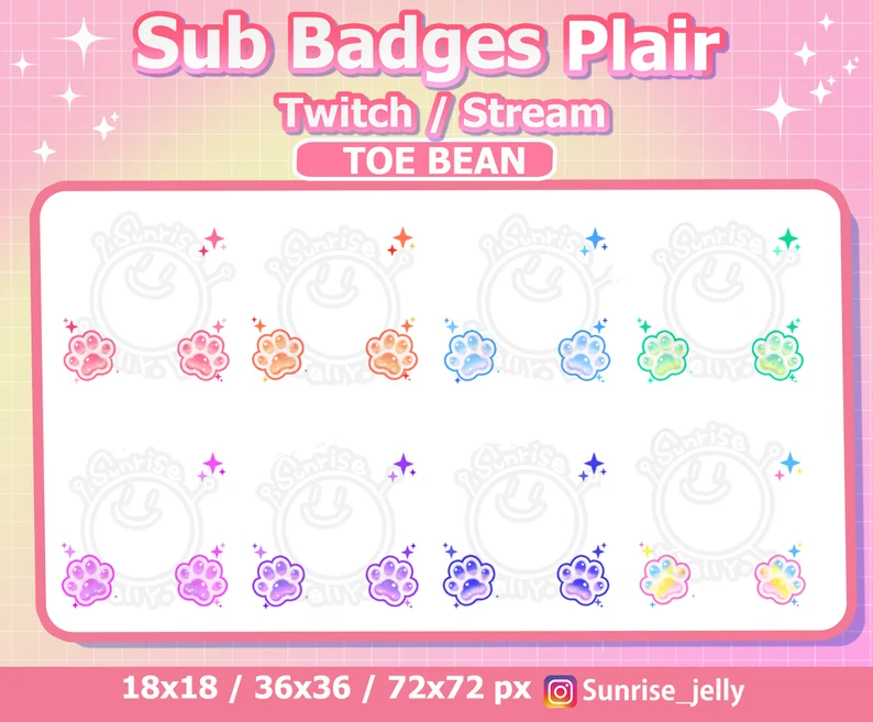 this is a digital image of various twitch sub badges. they all feature a smiling face with paw prints, and are designed with pastel colors.