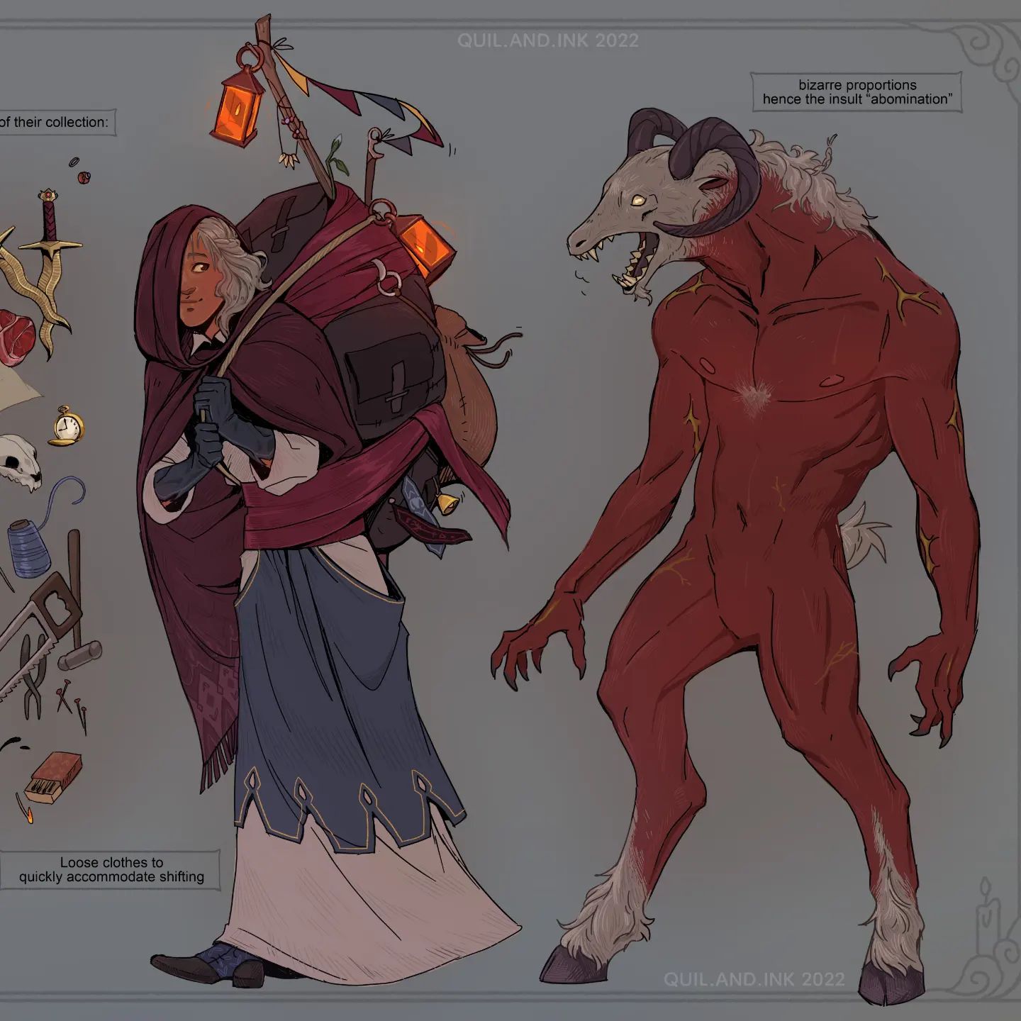 the image is a digital illustration showcasing two distinct characters. on the left is a female traveler, depicted in loose, flowing clothing, carrying a large backpack filled with various items.  she appears to be a lightly tanned woman with light hair, wearing a hooded cloak.  she is carrying what seems to be essential supplies for travel, implying she is on an adventure or journey.  various items are scattered around her, suggesting her collection of belongings.  to the right, there is a monstrous, goatlike demon, described in the text as having "bizarre proportions". the demon is red, has goatlike legs and horns, and displays a fierce, snarling expression. the contrast between the traveler and the demon is striking, suggesting a narrative of encounter or potential conflict.  the style is reminiscent of dark fantasy illustrations, using rich colors and detail to create the characters. the artwork is signed and dated by "quil.and.ink 2022".