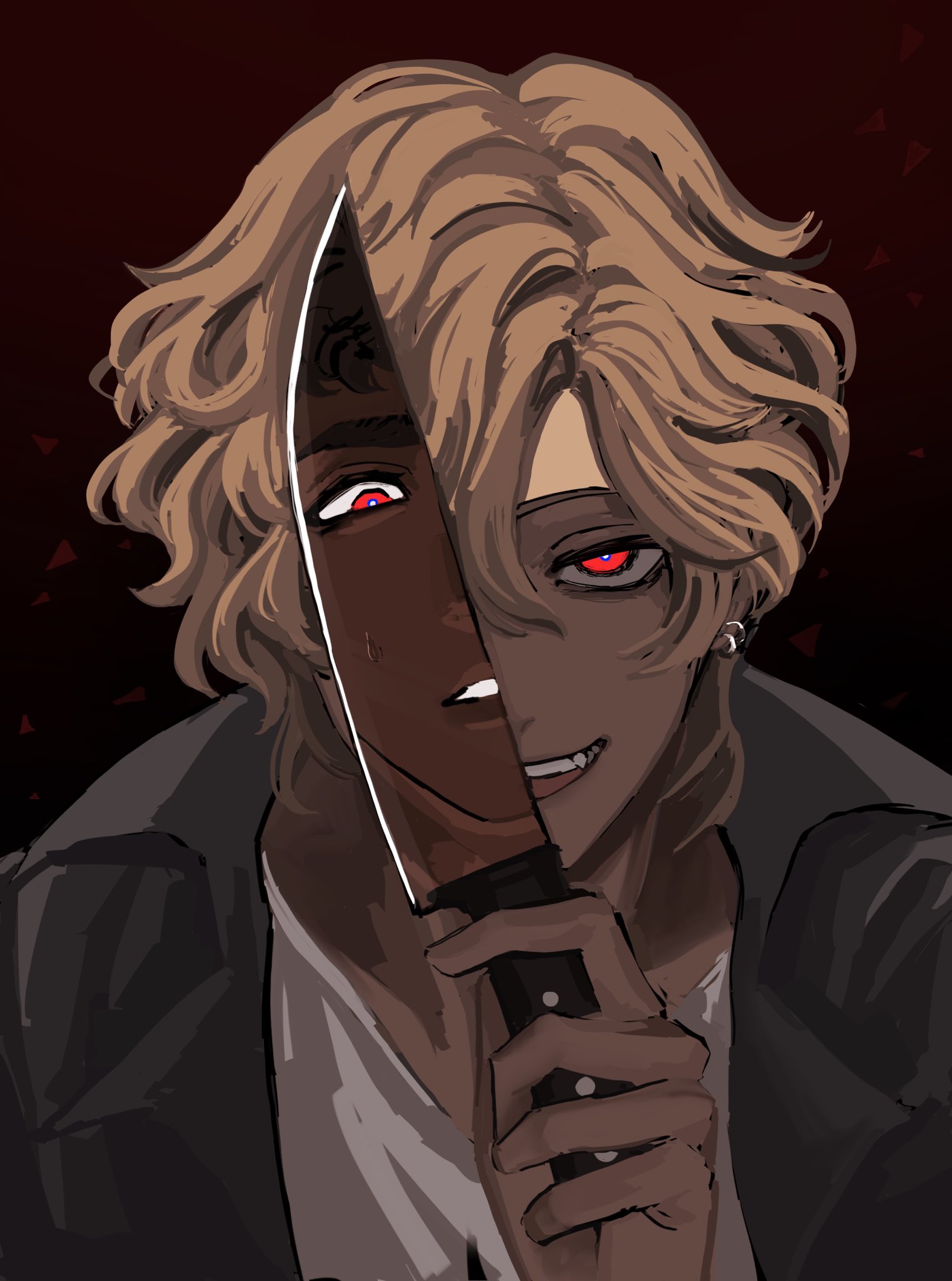 the image is a digital illustration of an anime character. the character is a young man with long blonde hair, red eyes, and a sinister smile. he is holding a large knife to his face, and his eyes glow red. the background is dark and foreboding, and the overall mood of the image is creepy and unsettling. the image suggests that the character is dangerous and possibly evil.