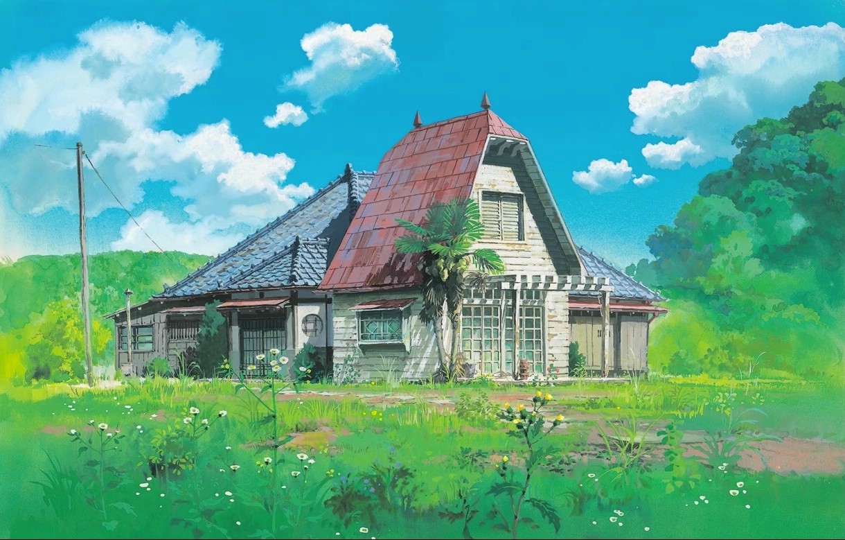 an animestyle illustration of a japanese house in the countryside. the house is white with a red roof and has a porch with a palm tree. there are trees in the background and a field of grass in the foreground. the sky is blue with white clouds.