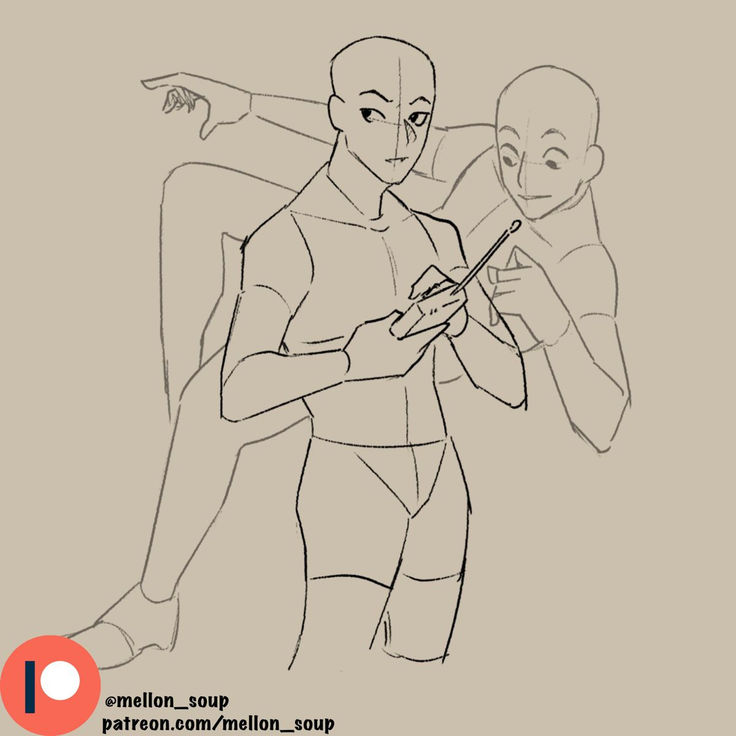 a sketch of two figures. one figure is holding a small handheld object in both hands while the other is leaning against them with their arm outstretched to the left. the figures are in a casual pose, with a relaxed and dynamic energy.