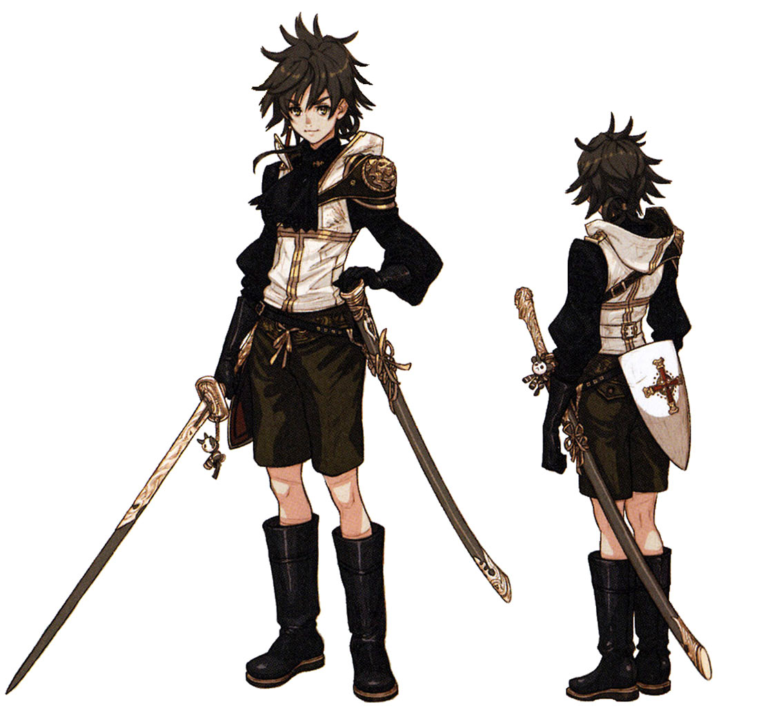 the image shows two views of a young male character design, likely for a fantasy video game or rpg. he has messy dark hair and wears a black and white outfit that blends elements of a knight and a more agile swordsman. his attire includes a white tunic with gold accents, black breeches, black boots, and a small shoulder plate on his right arm. he carries a long, slightly curved sword on his left side. the back view reveals a hooded cloak and a small shield with a cross design strapped to his back.  the background is plain white, drawing focus to the character design.