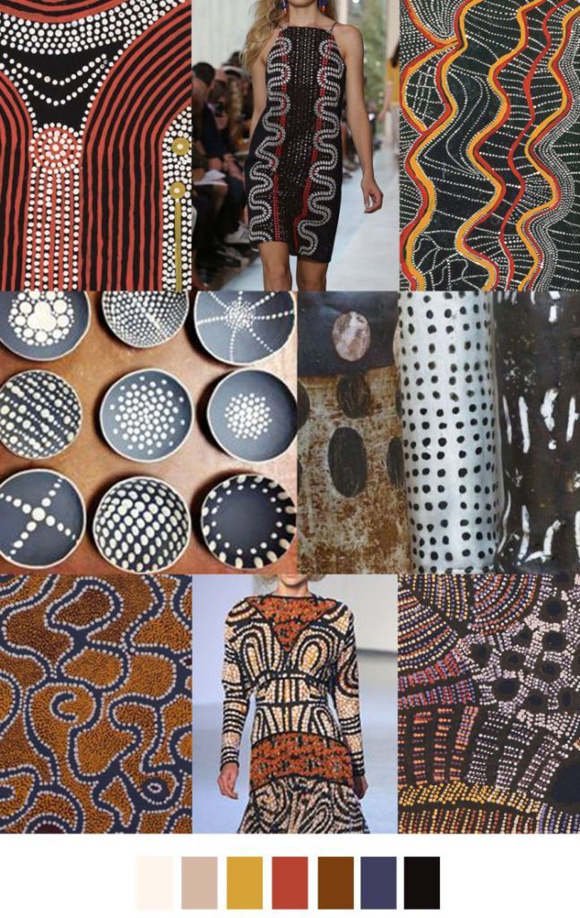 this image is a collage of inspiration for a fashion design. the top left corner shows a black and red aboriginal art pattern with a white dot design.  the top right corner shows a black and yellow aboriginal art pattern with a wavy design. the top middle shows a model wearing a black sleeveless dress with a black and white dot design. the middle left shows a group of 9 black bowls with a white dot design. the middle right shows 3 different aboriginal art patterns. the bottom left shows a brown and black aboriginal art pattern with a dot design. the bottom middle shows a model wearing a longsleeved dress with a black and white dot design. the bottom right shows a black and yellow aboriginal art pattern with a dot design. at the bottom, there are 7 squares, each containing a different color.  the colors are white, light brown, gold, brown, red, dark brown, and black. this image is a great example of how aboriginal art can be used as inspiration for fashion design.  the image is also a great way to learn about aboriginal art and culture.