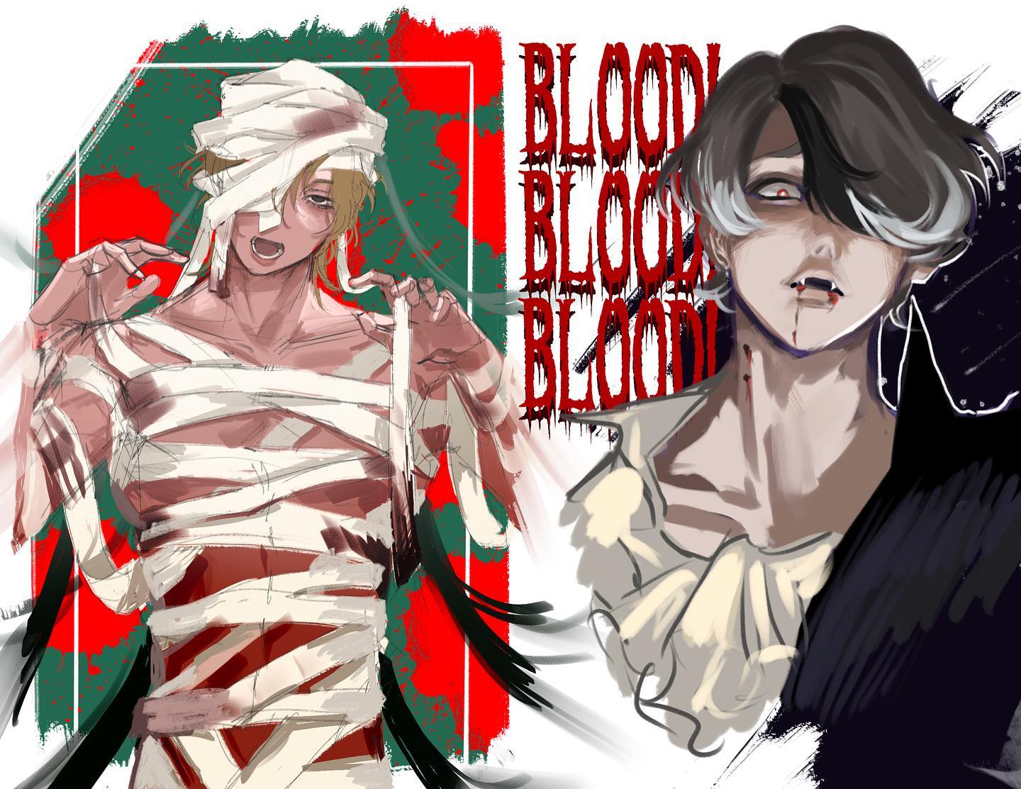 this artwork features two characters in a halloweenthemed setting. one character is a mummy, dressed in white bandages, and the other is a vampire, with a white ruffled collar, black shirt, and dark hair. the mummy has a scared expression, with its mouth open in a scream. the vampire has a sinister smile, with blood on its lips, and glowing eyes. the background is a bloody red and green, with the word "blood" repeating multiple times, further emphasizing the horror theme. the artwork is a captivating and stylish representation of these iconic halloween figures.