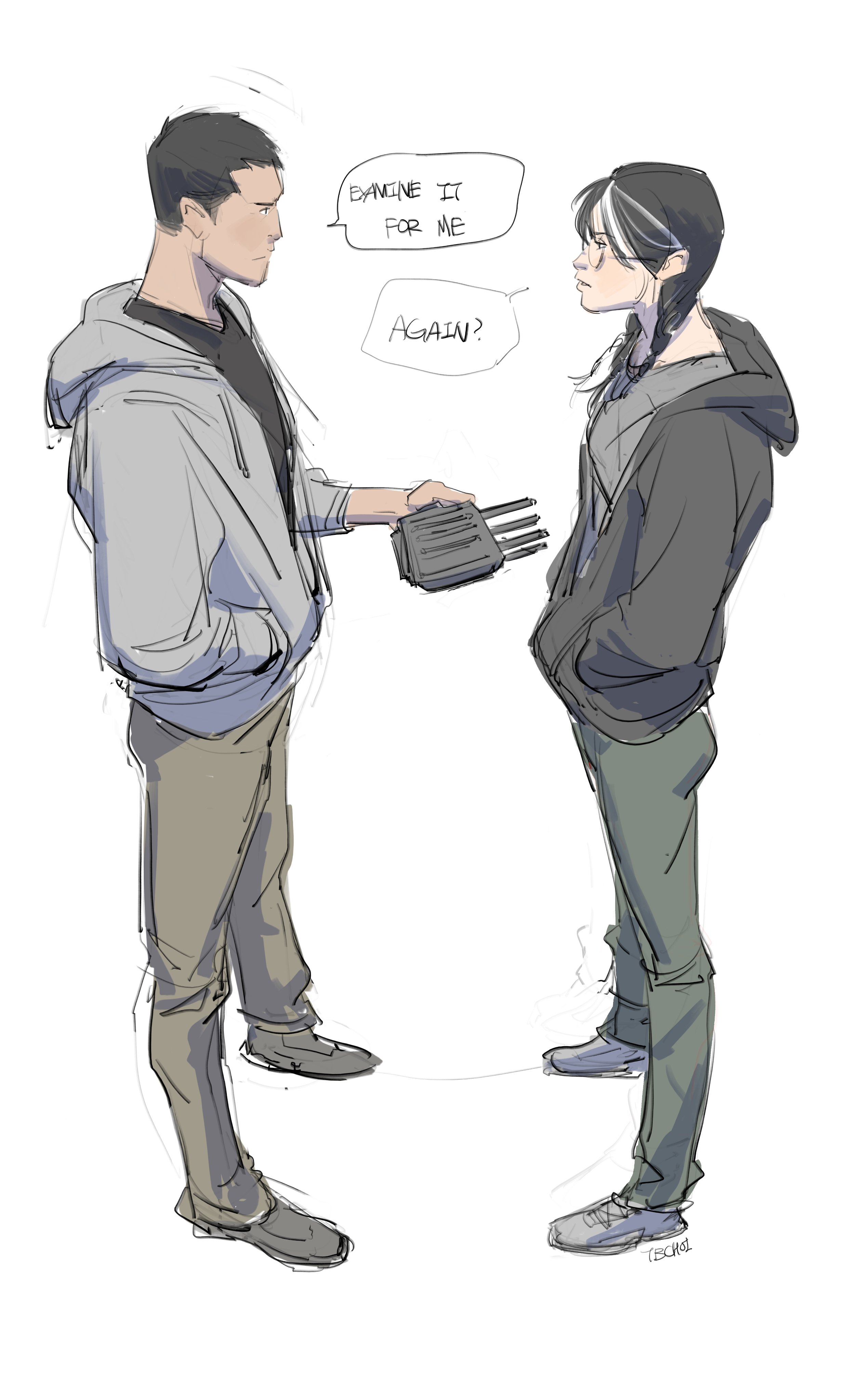 he image is a digital drawing or sketch depicting two individuals, a man and a woman, engaged in what seems to be a conversation. the man is handing a small device to the woman.  they're both casually dressed. the art style is reminiscent of anime or manga, with loose lines and muted colors. speech bubbles indicate a conversation taking place, with the man asking the woman to "imagine it" again. the overall tone of the illustration is calm and slightly mysterious.