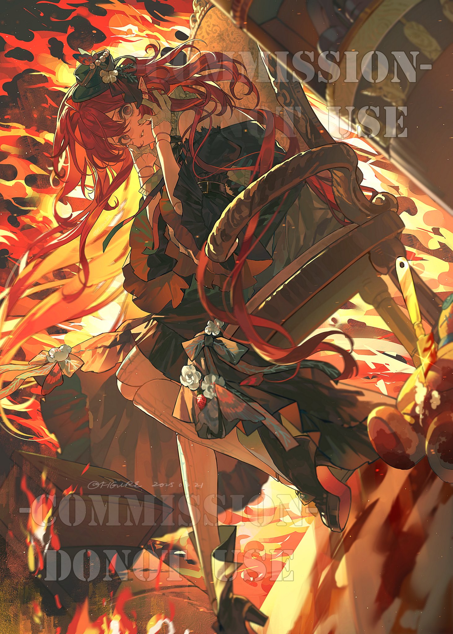 an animestyle illustration of a woman with red hair in a dress, with floral decorations and ribbons. she has her hand to her face. there is fire in the background. the image is marked as a commission and not for reuse. the perspective is a low angle side view.