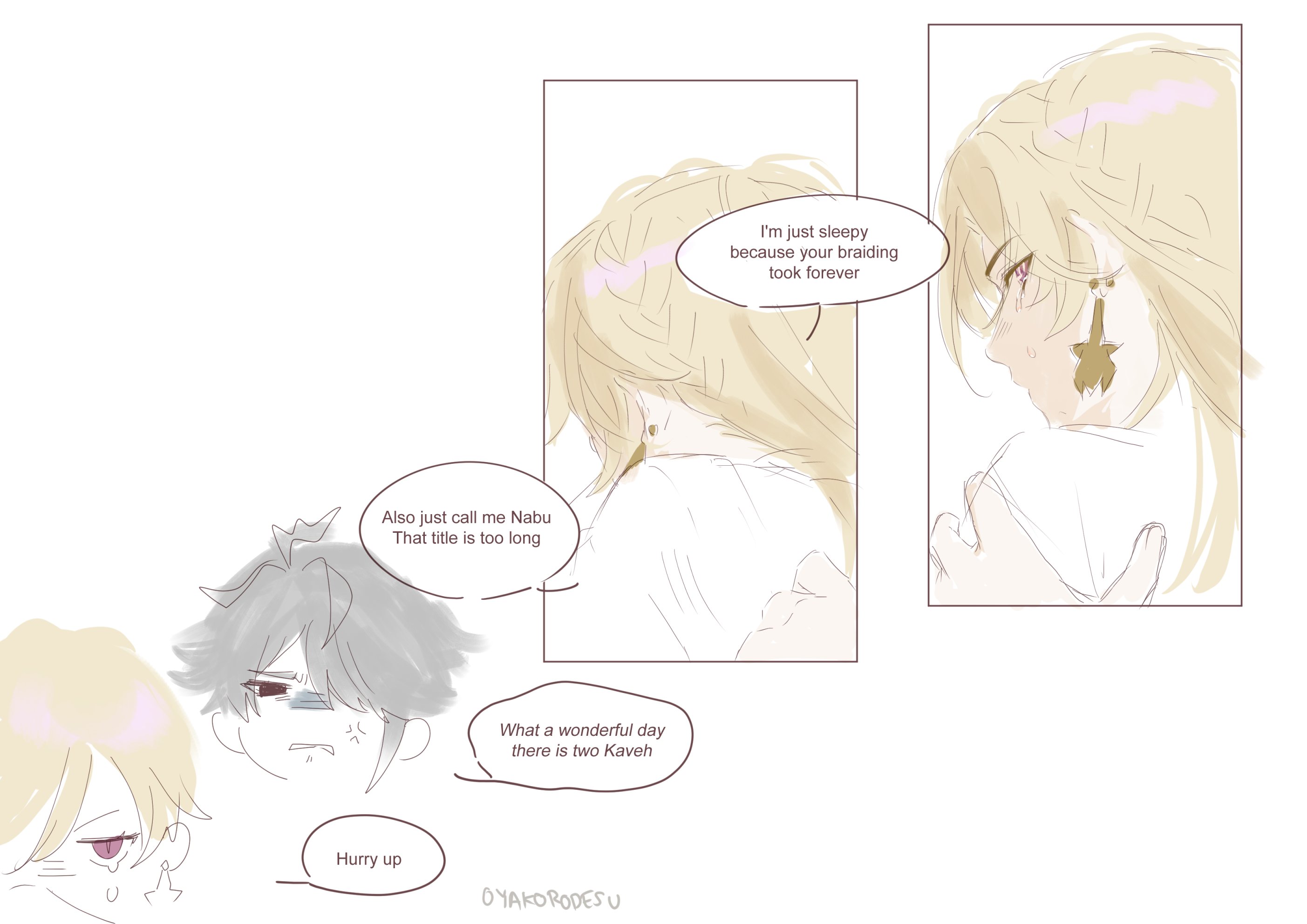this is a comic strip showing a boy hugging a girl. he is tired from braiding her hair and the girl is laughing at him. the girl is blonde and the boy has brown hair. the background is simple and the art style is cute and cartoony.