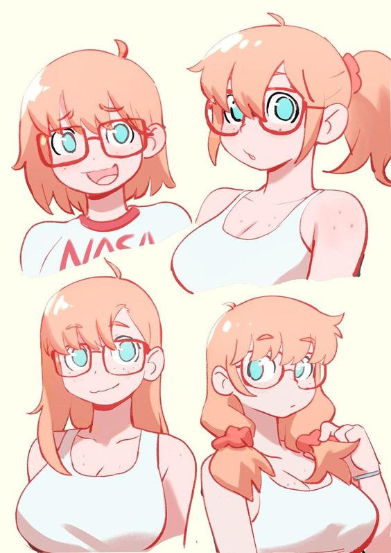 this is a digital drawing of four different anime girls. they all have similar features, such as big eyes, blush, and orange hair, but have their own unique poses and styles. the first one is wearing a shirt with "nasa" printed on it, the second one is wearing a white tank top, the third one is wearing a white tank top, and the last one is wearing a white tank top.  they are all smiling and looking happy. they are all drawn in a bright and colorful style.  this is a very cute and cheerful illustration.