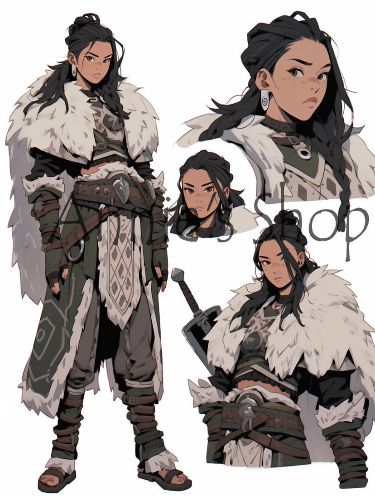 this image shows an illustration of a woman in fantasy attire. she has dark hair, partially braided and styled with a top knot. she is wearing a fur shawl, leather armor and belt, and sandals. the image includes multiple views of the character, including a full body shot, a bust shot, a head shot, and a half body shot with a sword on her back.