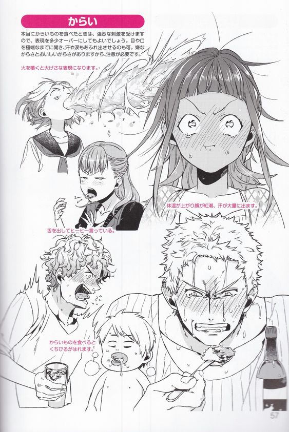 a page from a manga illustrating how to draw reactions to spicy food. it features five characters, including a girl with brown hair, a girl with pink hair, a boy with blond hair, a man with blond hair, and a baby. each character is drawn with exaggerated expressions of pain and discomfort, with their eyes wide, mouths open, and sweat dripping down their faces. the captions provide tips on how to effectively convey the sensation of spiciness in drawings, such as emphasizing the redness of the face, the protrusion of the tongue, and the flow of sweat and tears.