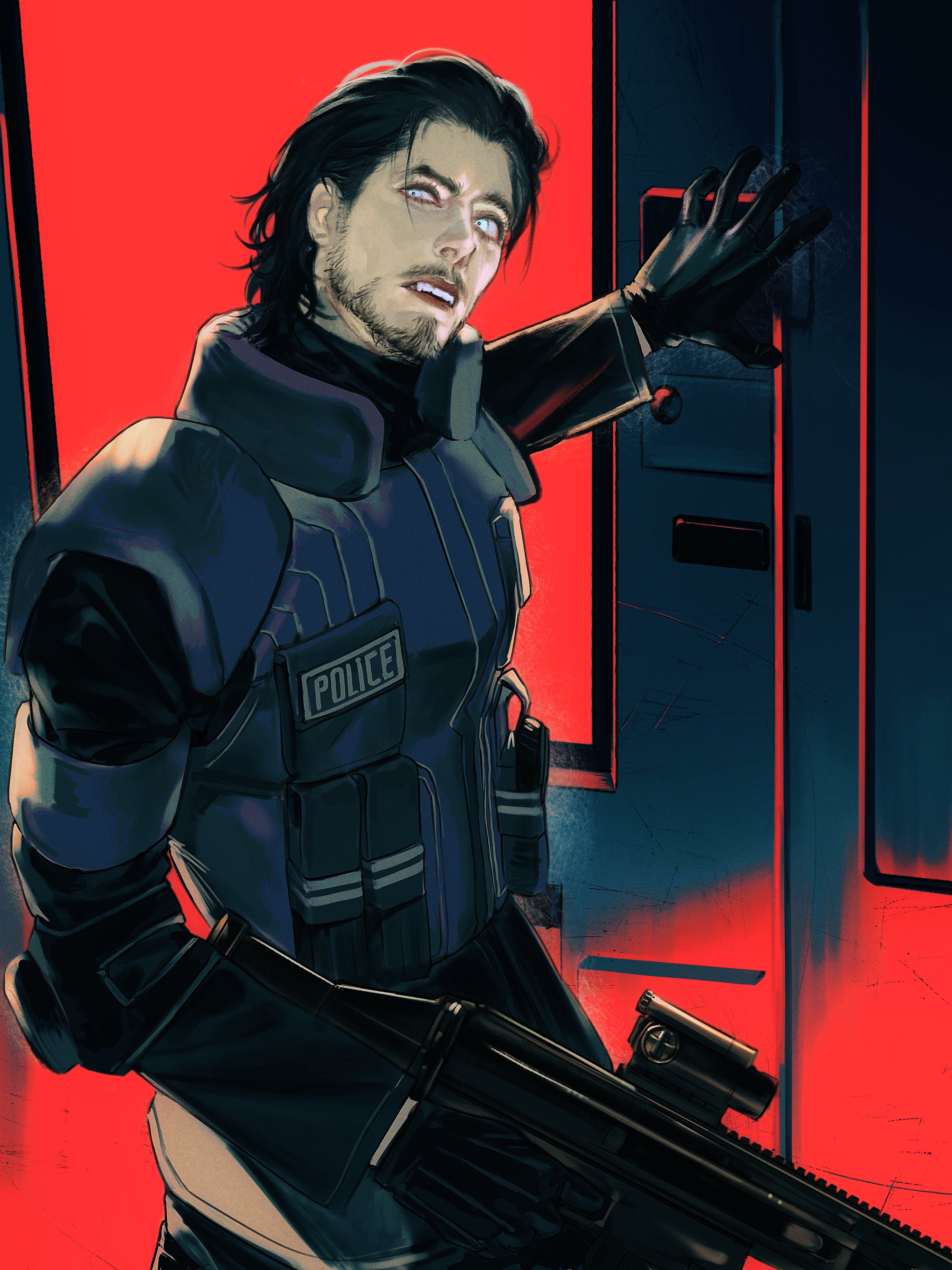 a heavily armed police officer, clad in tactical gear, stands in a doorway,  his arm outstretched as he opens the door. the officer is looking directly at the viewer, his expression intense and serious. he holds a rifle in his right hand,  and the image is stylized in an anime art style, reminiscent of cyberpunk aesthetics.  the red and black color scheme adds to the drama and intensity of the scene.