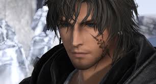 a closeup portrait of the warrior of light from final fantasy xiv, a male character with dark hair, blue eyes, and a distinct facial scar. he has a serious and determined expression. the background appears to be a snowy or icy environment.