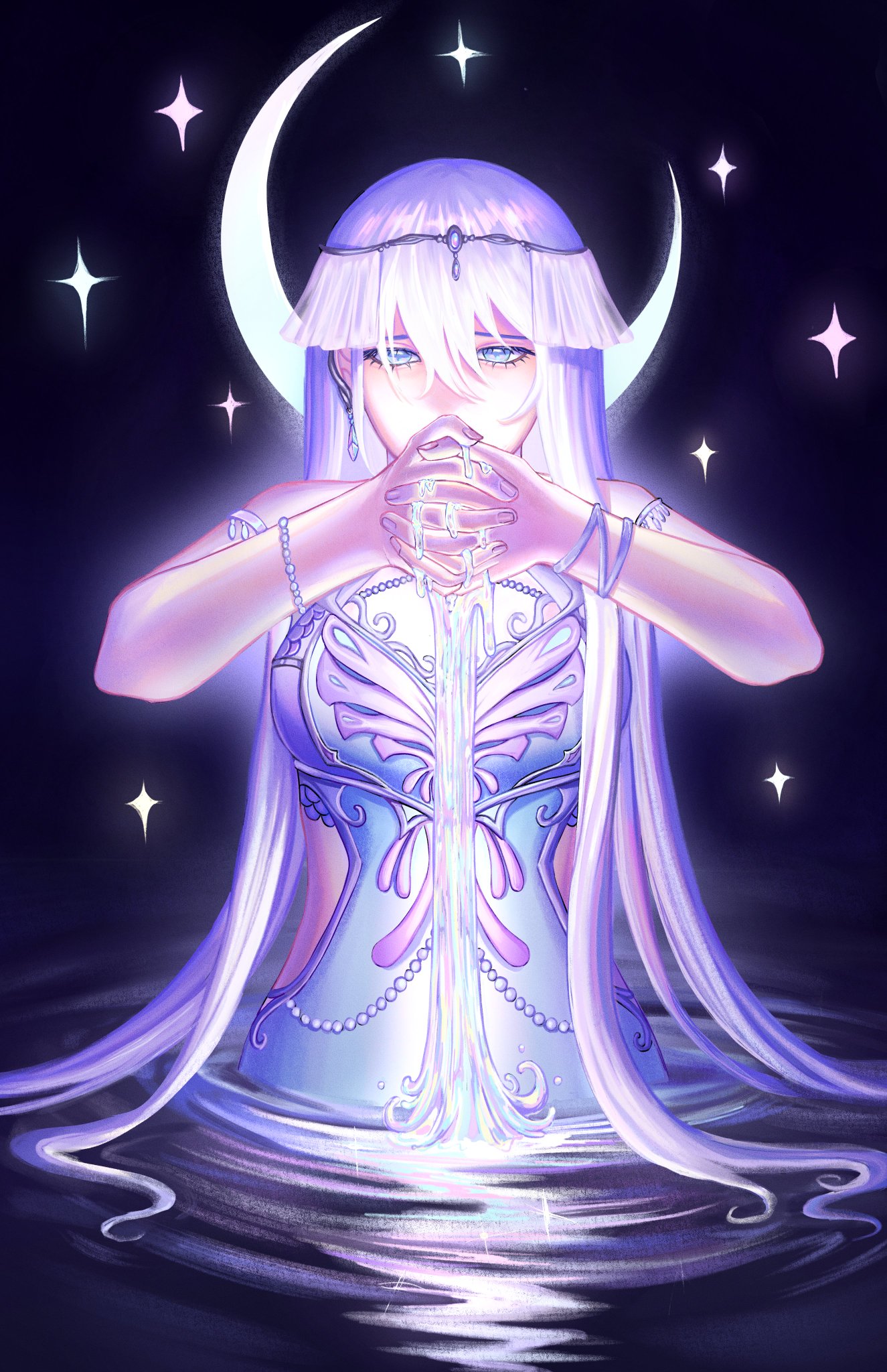 the image depicts a beautiful anime girl with long flowing purple hair, adorned in a white dress adorned with intricate designs. she stands waistdeep in a pool of water, her hands cupped together, allowing a stream of ethereal, glowing light to pour from them. the backdrop is a dark night sky filled with stars, including a crescent moon, casting a magical glow over the scene. the girl's eyes are closed, and her expression is serene, suggesting she is in a state of deep concentration or mystical contemplation. the image evokes a sense of enchantment, fantasy, and wonder.