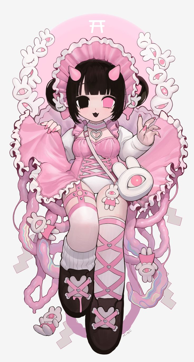 this is a digital illustration of an anime girl with pink hair, dressed in a pink dress with a bunny ears headband, and shoes, and surrounded by pink tentacles and cute pink bunnies. the girl is holding a pink bunny doll in her left hand. she is standing on a white background. she looks like a magical girl or a goth lolita.  the overall feel of the image is cute, sweet, and magical.