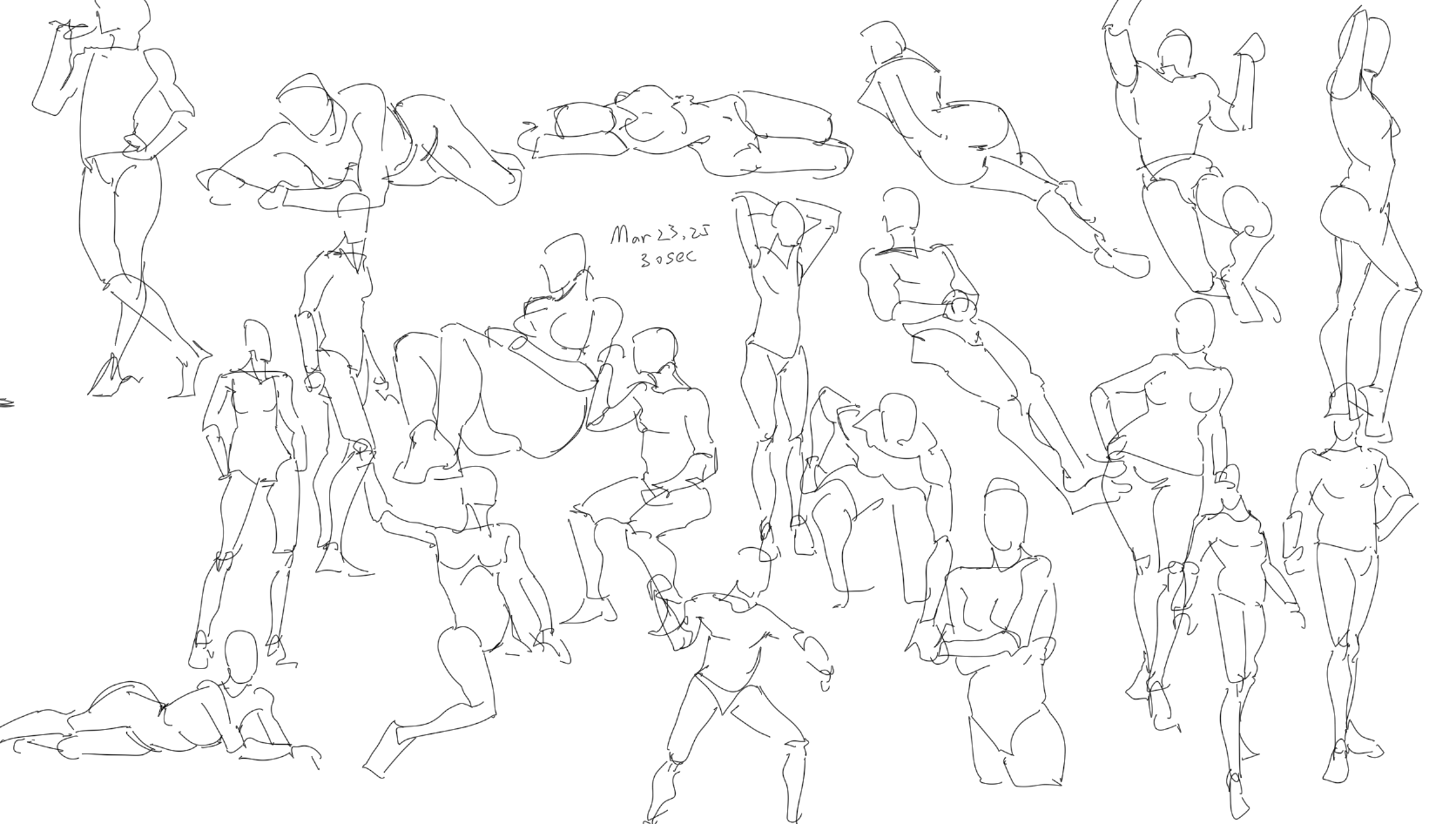 the image shows a collection of quick, gestural figure drawings in black lines on a white background. these sketches are seemingly quick studies of various human poses and postures. the date "mar 23, 25" and "30 sec" suggests the drawings were created in 30second intervals.